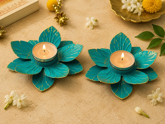 EMBOSSED SHAPED BLUE METAL DIYA (Set of 2) - Incrafts