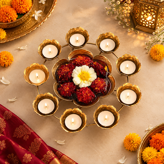 Golden Lotus Rangoli T-Light Decor with Urli - Incrafts
