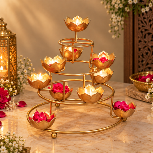 Golden Lotus Tiered Diya Stand - Incrafts