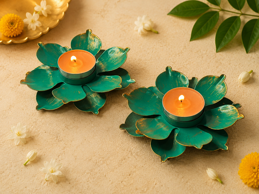 FLORAL SHAPED GREEN METAL DIYA (Set of 2) - Incrafts