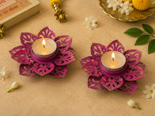 COTWORK SHAPED PINK METAL DIYA (Set of 2) - Incrafts