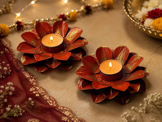 PETAL SHAPED ORANGE METAL DIYA (Set of 2) - Incrafts